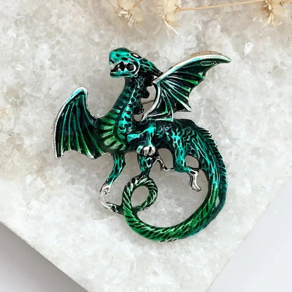 Green Enamel Flying Dragon Silver Toned Vintage Brooch Pin - Picture 1 of 10